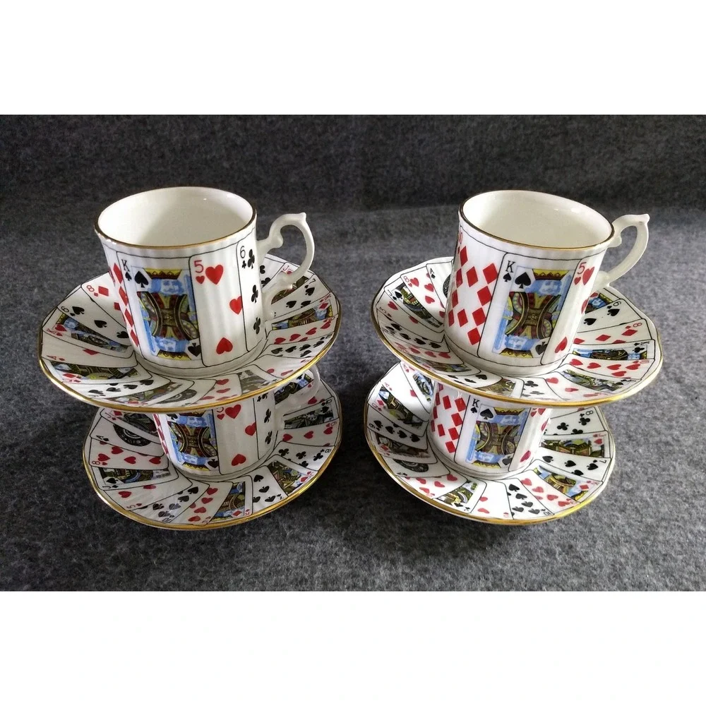 Elizabethan Playing Cards‎ Demitasse Cup & Saucer Set/4 Cut for Coffee England
